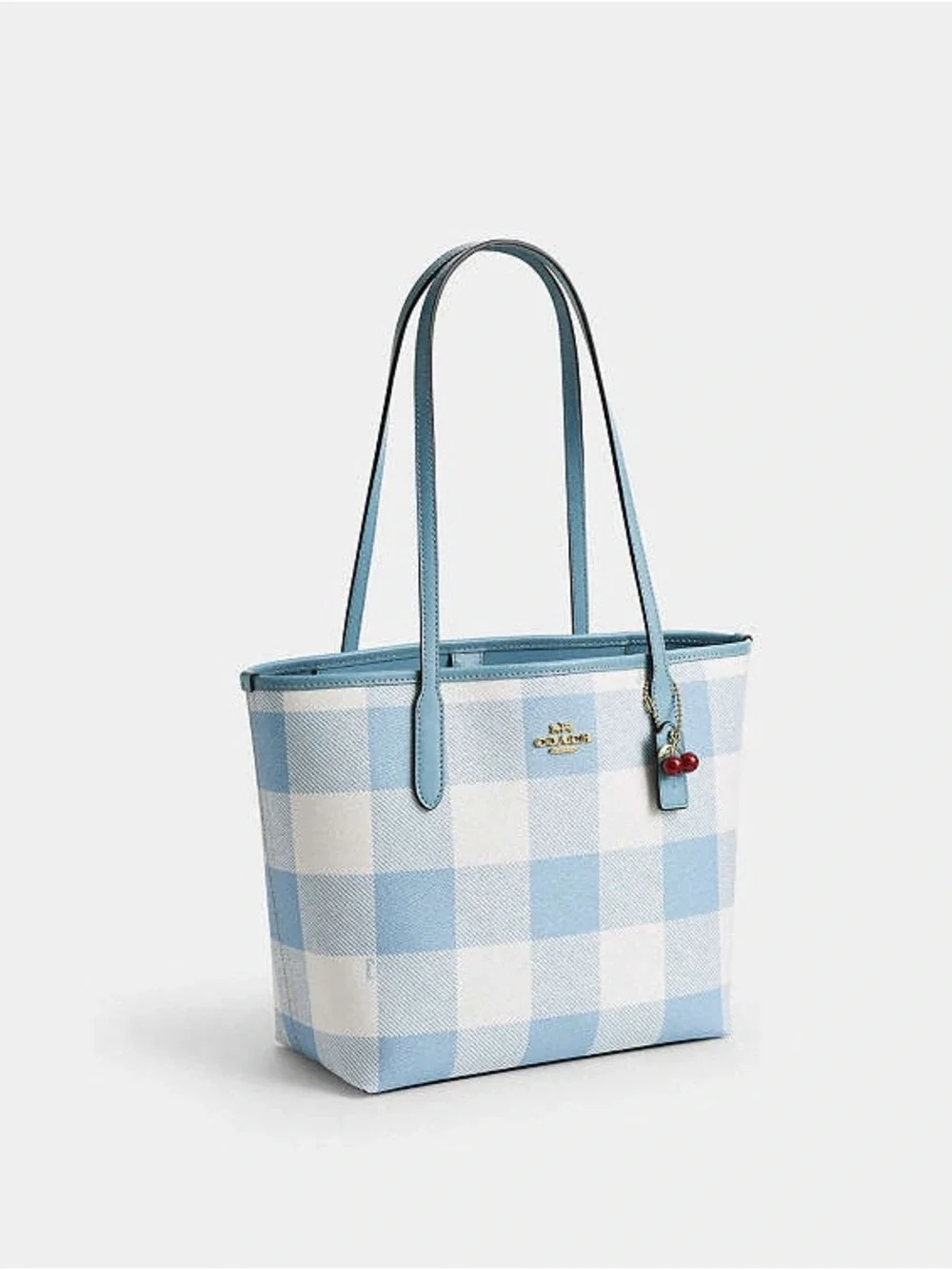 Coach Medium City Tote Bag: Blue & White Gingham Print With Cherry Bag Charm